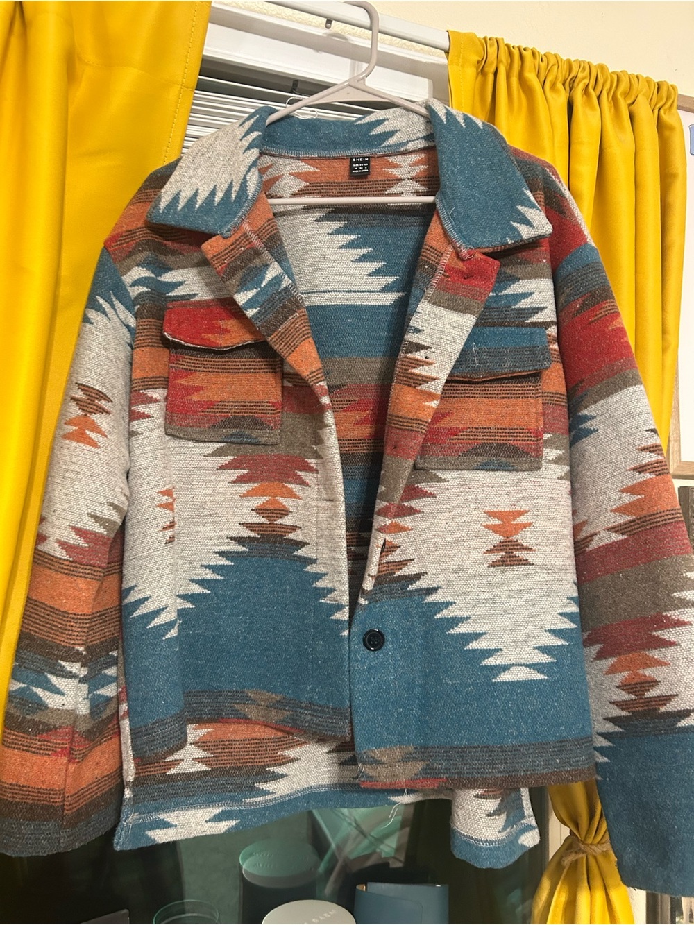 Southwestern Pattern Boxy Jacket in Teal, Rust & Ivory